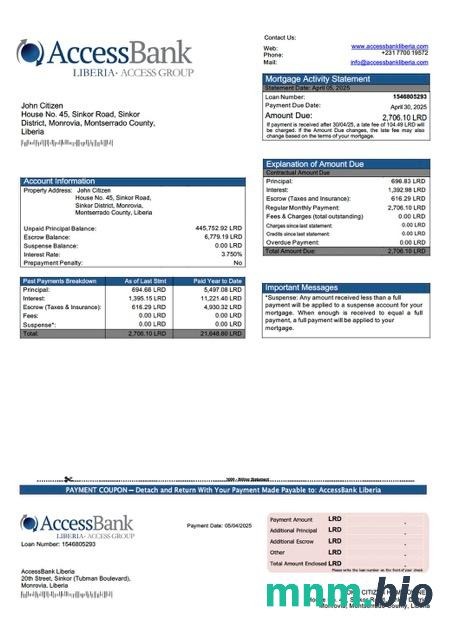 Liberia AccessBank Liberia wyciąg z kredytu hipotecznego szablon Word i PDF